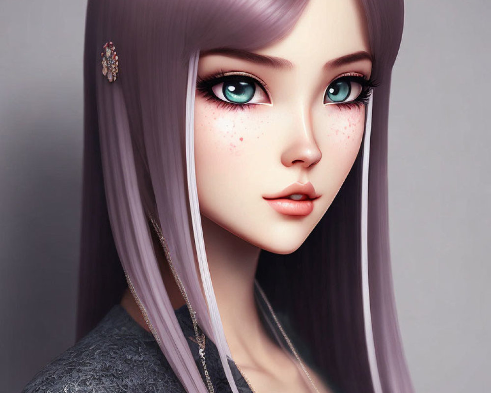 Digital art portrait of female with big green eyes, long purple hair, freckles, subtle smile