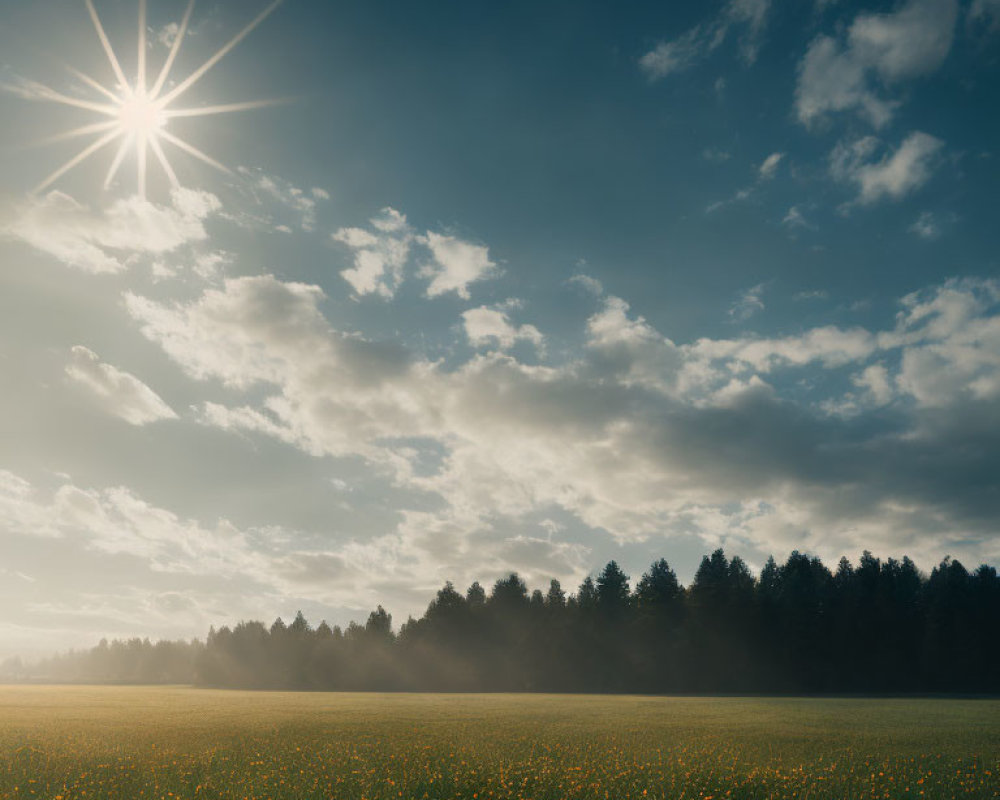 Tranquil field with wildflowers and tree line under sunburst sky