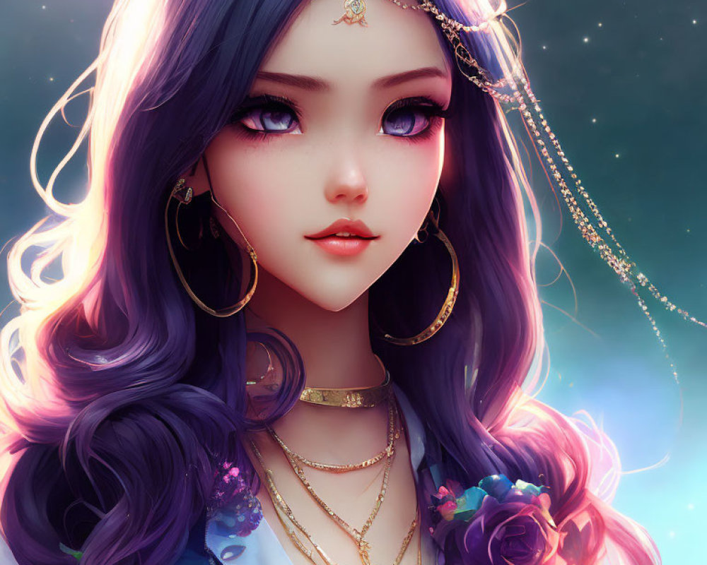 Digital artwork featuring woman with purple hair, gold accessories, and floral headpiece