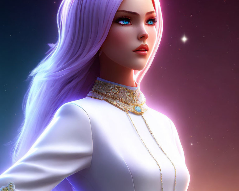 Purple-haired female character in regal attire on cosmic backdrop