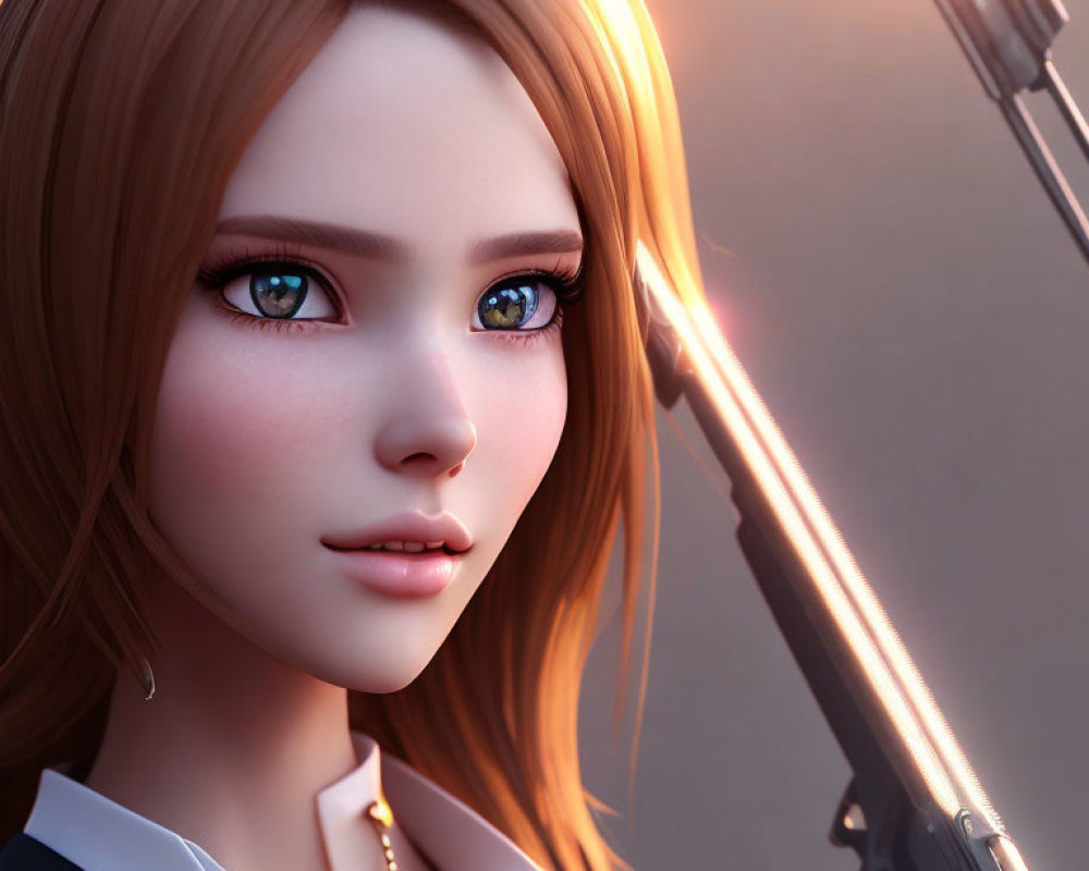 Animated female character with light brown hair and blue eyes holding a gun in dramatic lighting