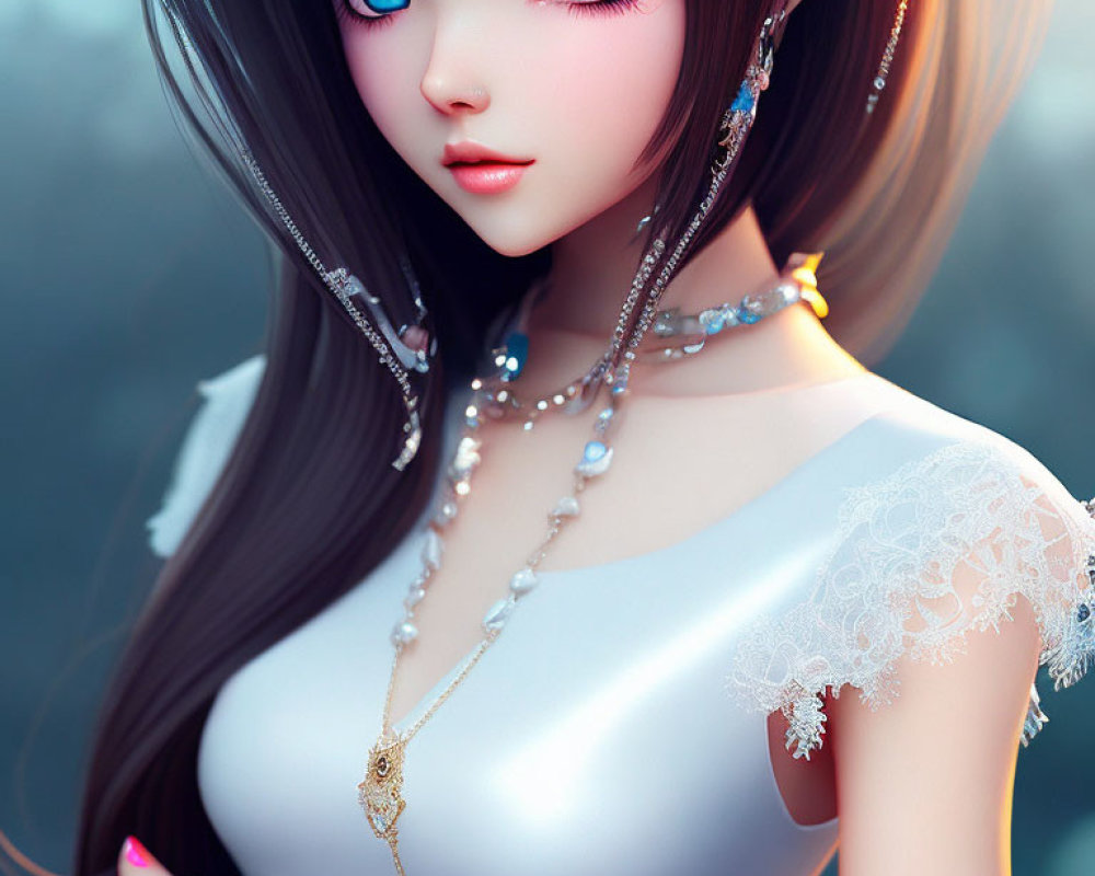 Female character with large blue eyes in white lacy attire and intricate jewelry.