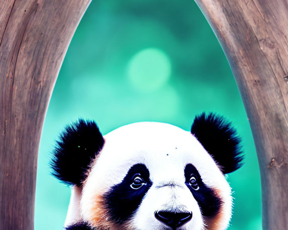 Giant panda peeking through wooden structure with black and white fur against green background