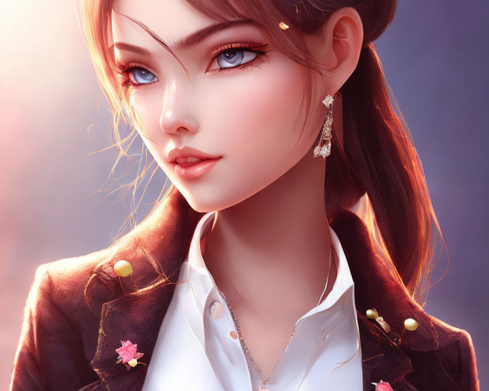 Young woman illustration: brown hair, sparkling brown eyes, white blouse, red corset, black bl