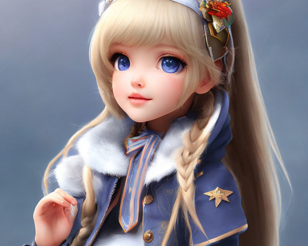 Digital illustration of doll-like girl with blue eyes, blonde hair, blue coat, and beret with