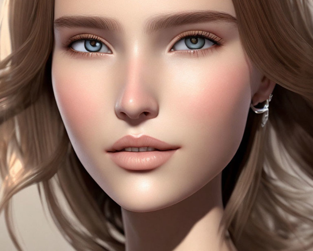 Detailed 3D-rendered female face with blue eyes and bob cut