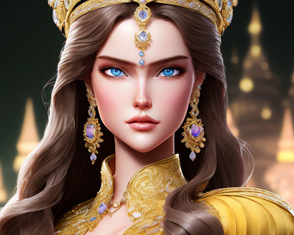 Regal woman digital art portrait with golden crown, blue eyes, and long brown hair