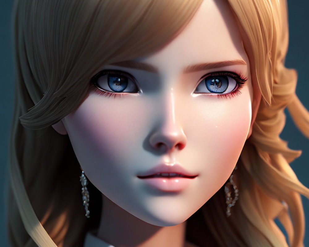 Detailed 3D-rendered blonde female character with blue eyes and earrings