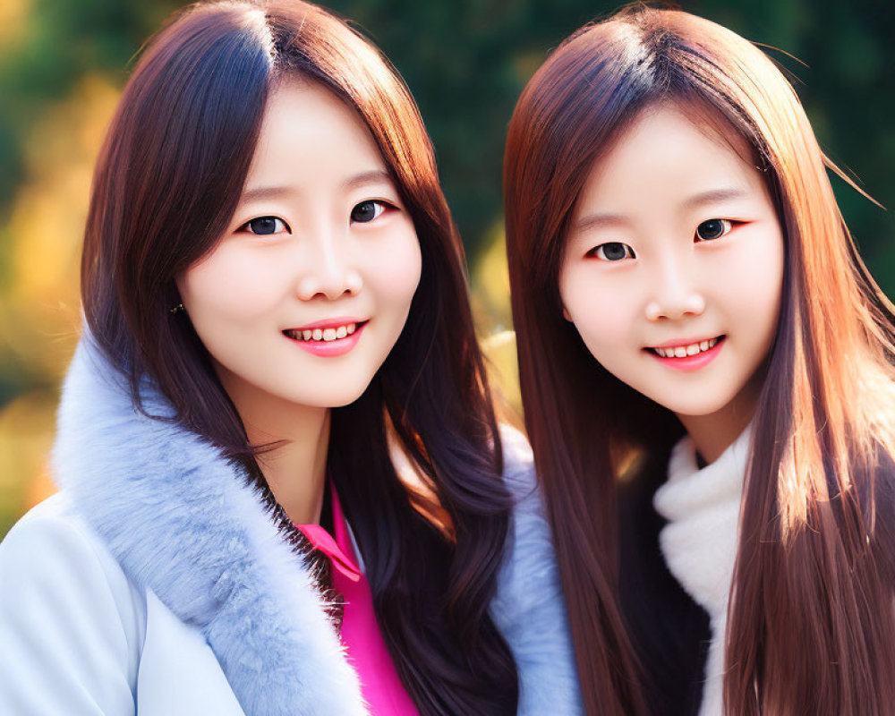 Two women in warm clothing, smiling outdoors with trees in background