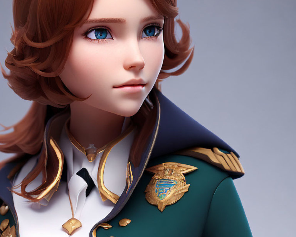 Female character with blue eyes, wavy brown hair, and green & gold uniform with badges.