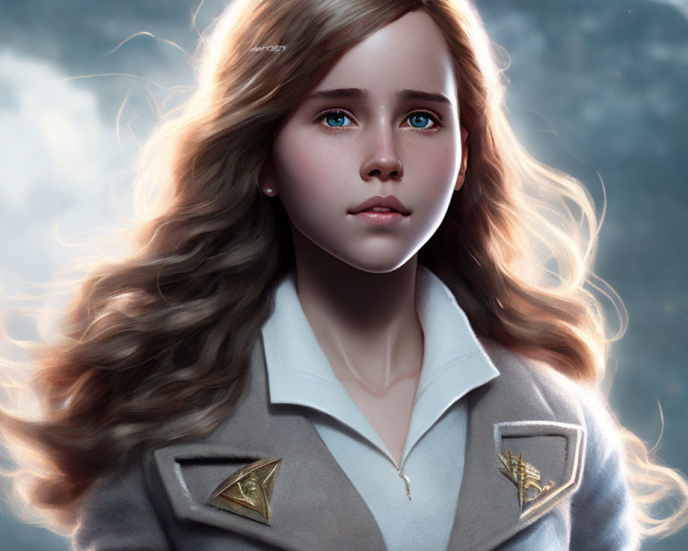 Digital Art: Young Girl with Brown Hair, Blue Eyes, Grey Uniform