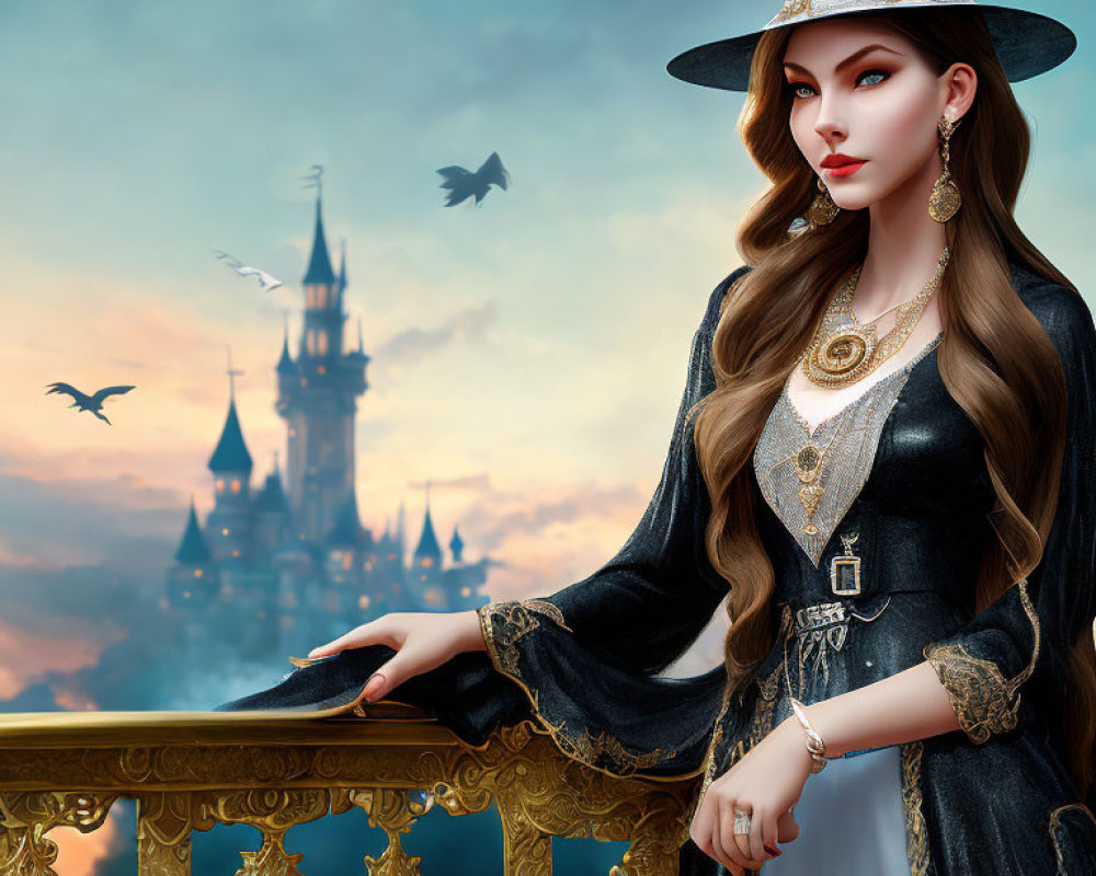 Luxurious witch costume woman by balcony with castle and birds