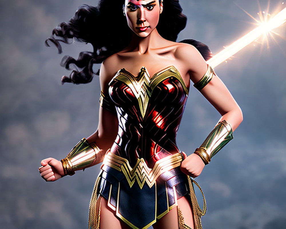 Confident Female Character in Wonder Woman Costume with Glowing Lasso against Moody Sky