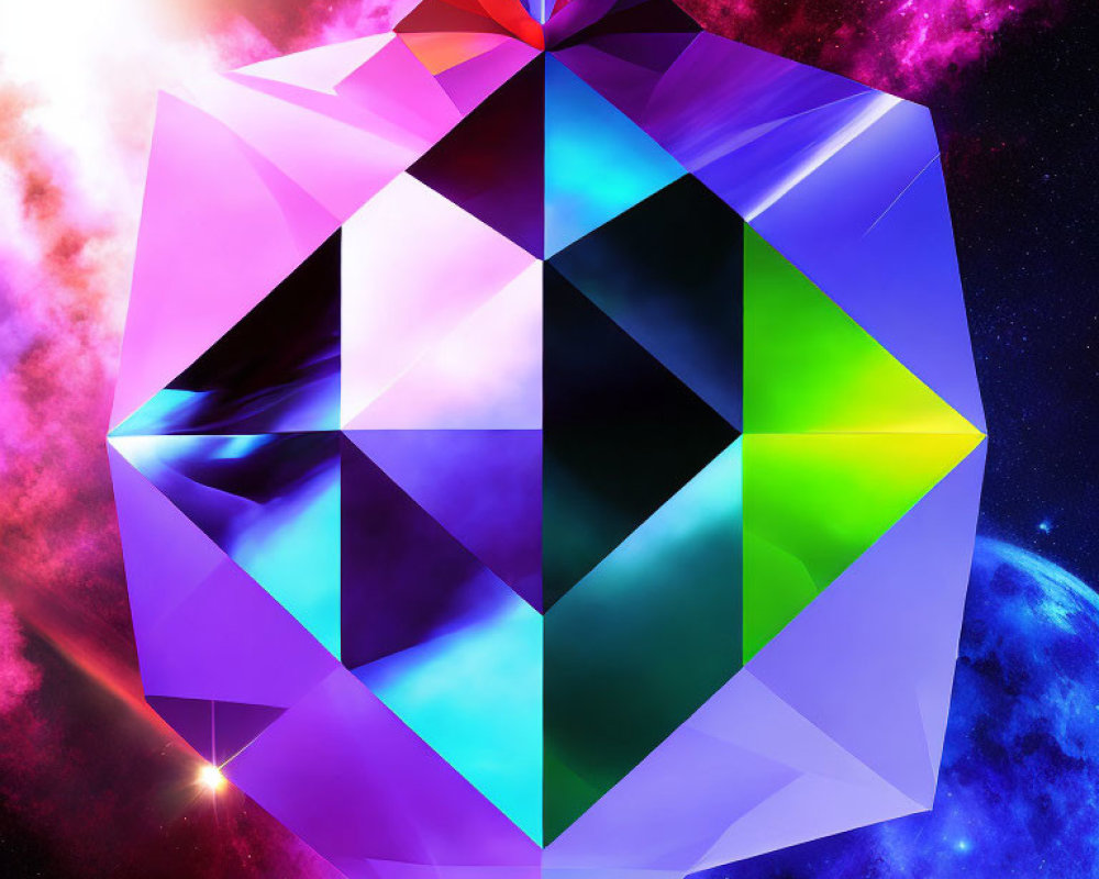 Colorful Digital Art: Geometric Jewel in Space with Stars and Nebulae