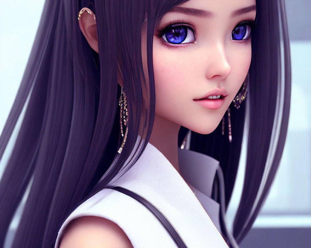 Digital Artwork: Female Character with Long Black Hair and Blue Eyes