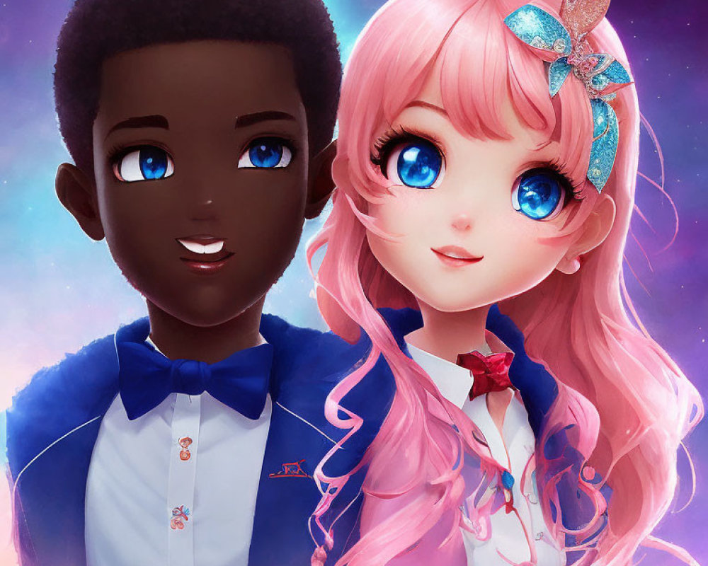 Animated characters: boy with dark skin, girl with pink hair, in school uniforms on pink and blue