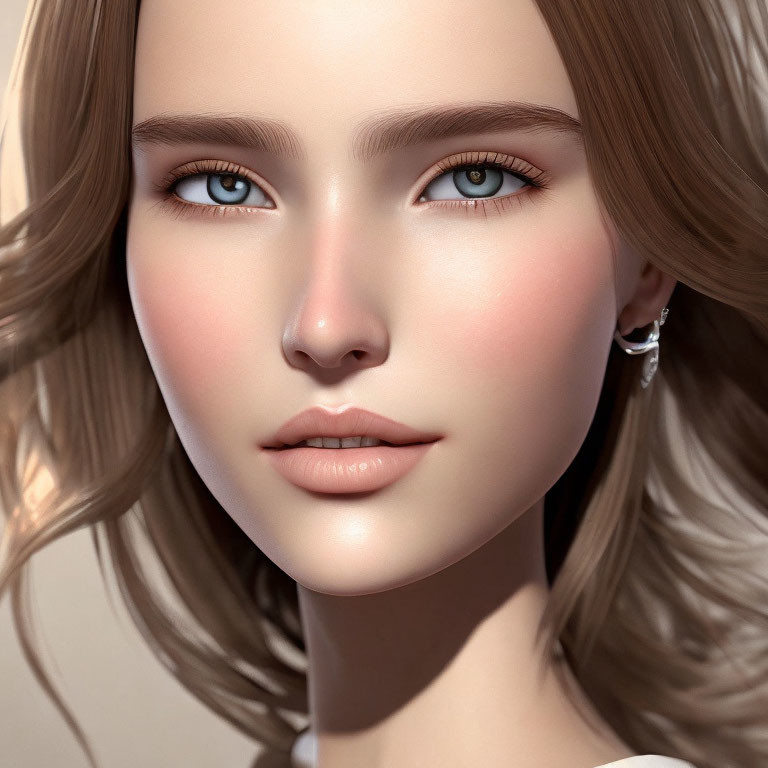 Detailed 3D-rendered female face with blue eyes and bob cut