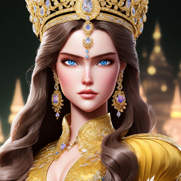 Regal woman digital art portrait with golden crown, blue eyes, and long brown hair