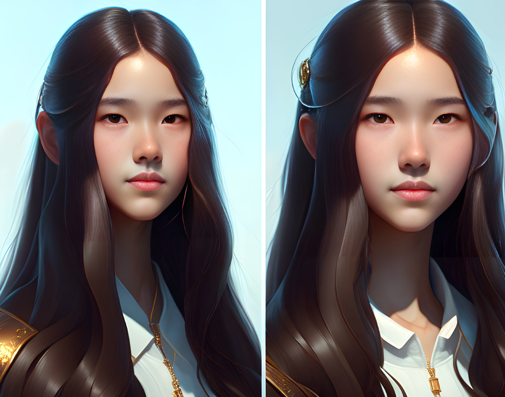 Digital artwork: Young woman with dark hair in white shirt, featuring two versions with and without golden hair