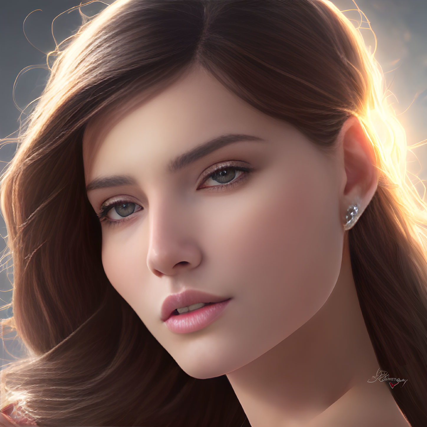 Detailed Close-Up Portrait of Woman with Brown Hair and Soft Backlight