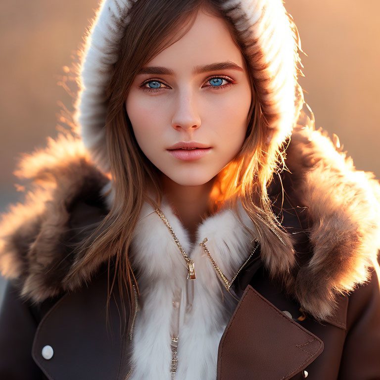 Woman in fur-trimmed hooded coat with striking blue eyes