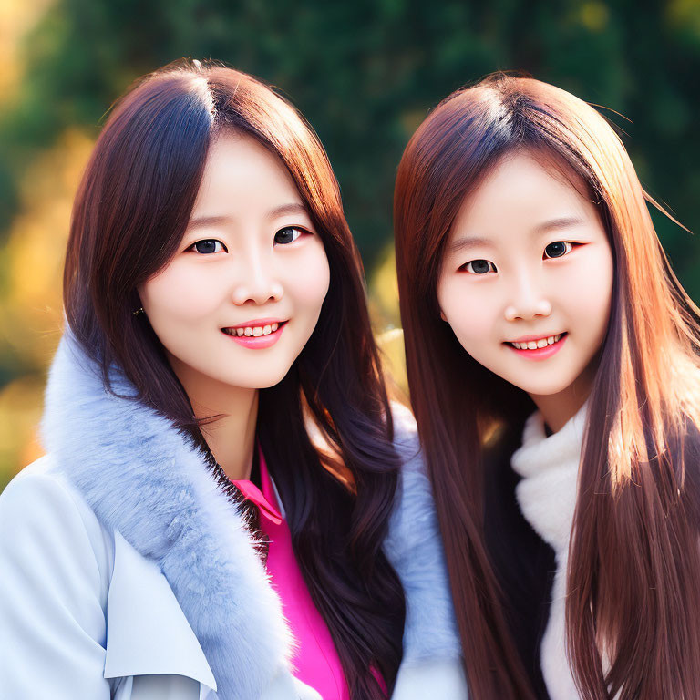 Two women in warm clothing, smiling outdoors with trees in background