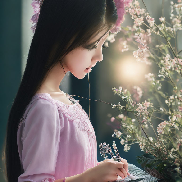 Woman in Pink Dress Writing Near Window with Cat Ears Headband