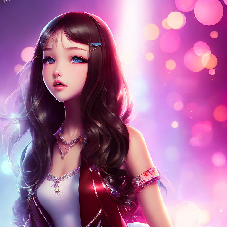 Illustrated female character in red outfit with large eyes and long hair on pink bokeh background