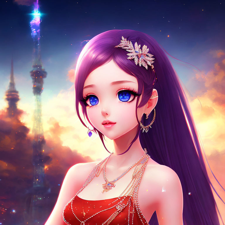 Purple-haired female character in red dress with diadem, blue eyes, in front of glowing tower.