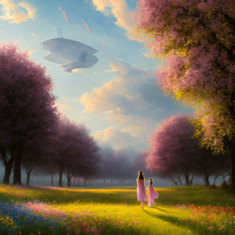 Individuals in blossoming field with futuristic airship and pink trees under serene sky