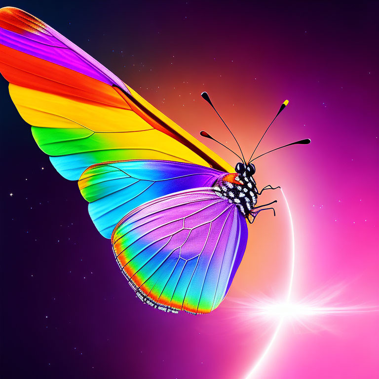 Colorful Butterfly Flying in Cosmic Space with Stars and Planets