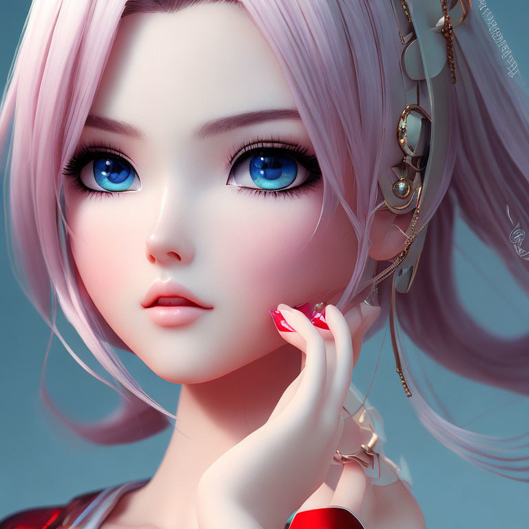 CG illustration: Female with pink hair, large blue eyes, ornate earrings, delicate touch.