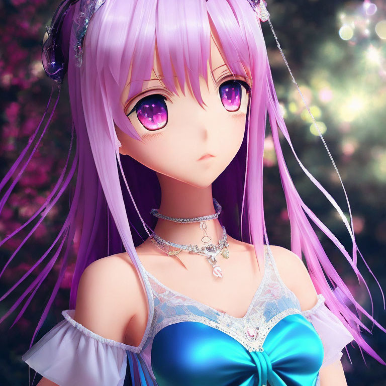 Purple-haired anime girl in blue and white dress on dreamy pink backdrop