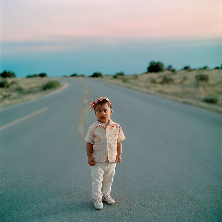 Toddler in floral headband on curved road at twilight