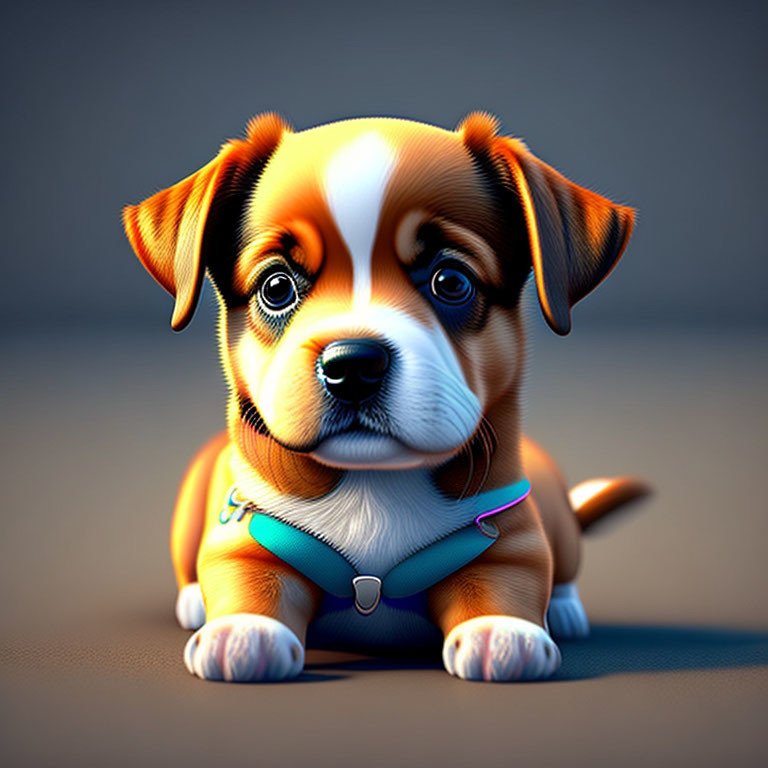 Animated Puppy with Big Eyes and Blue Collar on Gray Background