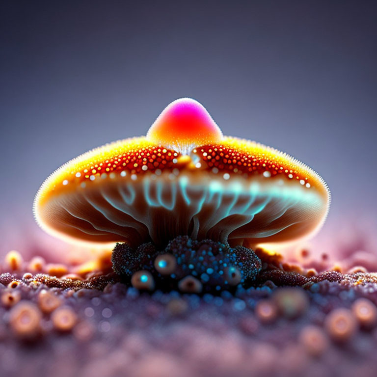 Bioluminescent orange and blue dotted mushroom on purple background