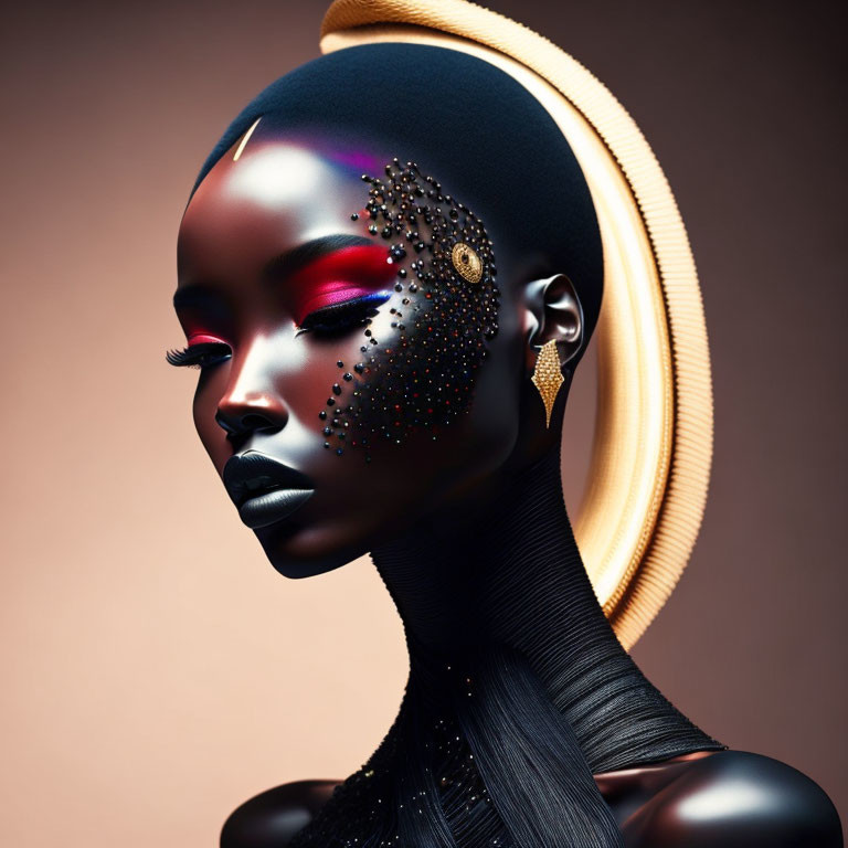 Glossy black portrait of a woman with gold and jewel accents