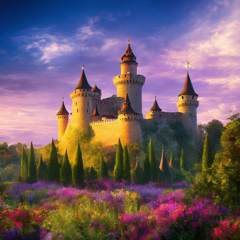 Majestic castle with tall spires in lush greenery under pink-purple sky