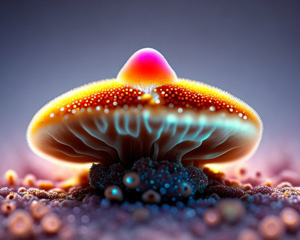 Bioluminescent orange and blue dotted mushroom on purple background