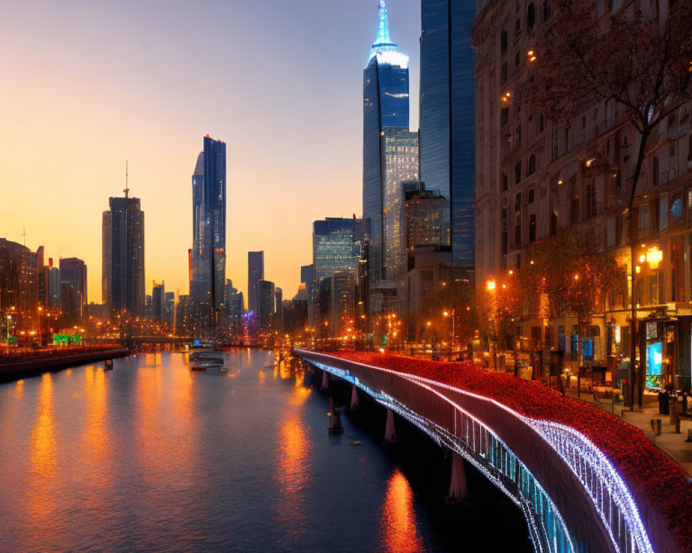 Colorful cityscape with illuminated skyscrapers, bridge, and twilight sky