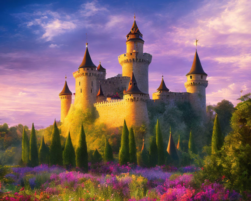 Majestic castle with tall spires in lush greenery under pink-purple sky