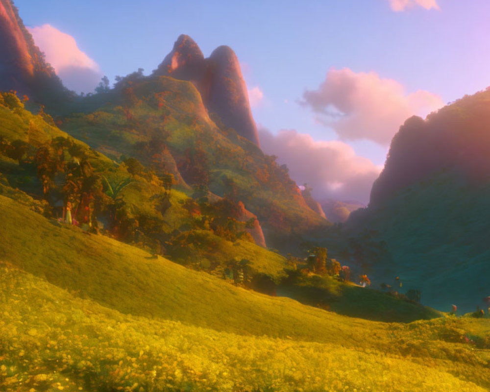 Scenic landscape with towering peaks, green hillside, yellow flowers, and figures at sunset