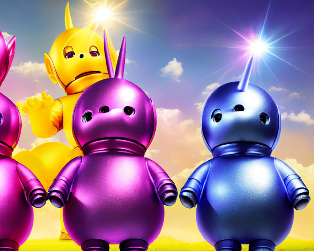 Colorful Cartoon Robots with Rabbit-Like Ears in Sunny Landscape