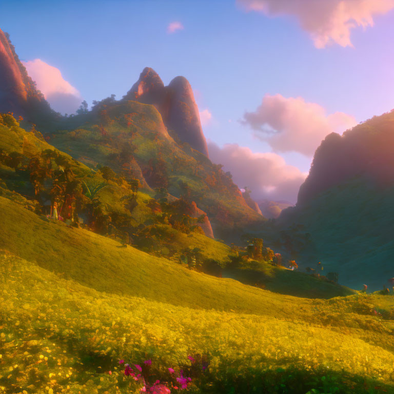 Scenic landscape with towering peaks, green hillside, yellow flowers, and figures at sunset