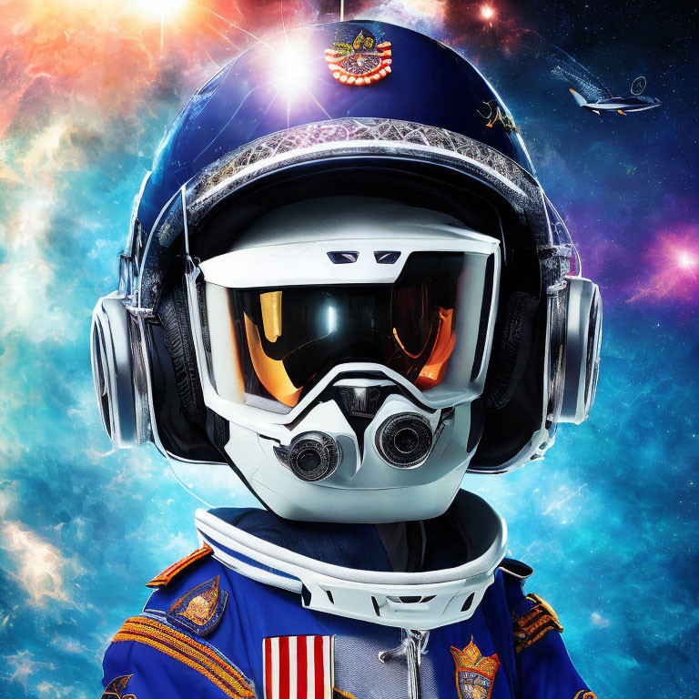 Decorated astronaut suit with reflective visor in cosmic setting.