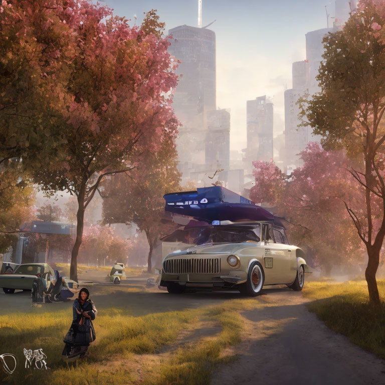 Futuristic cityscape with floating cars and cherry blossoms