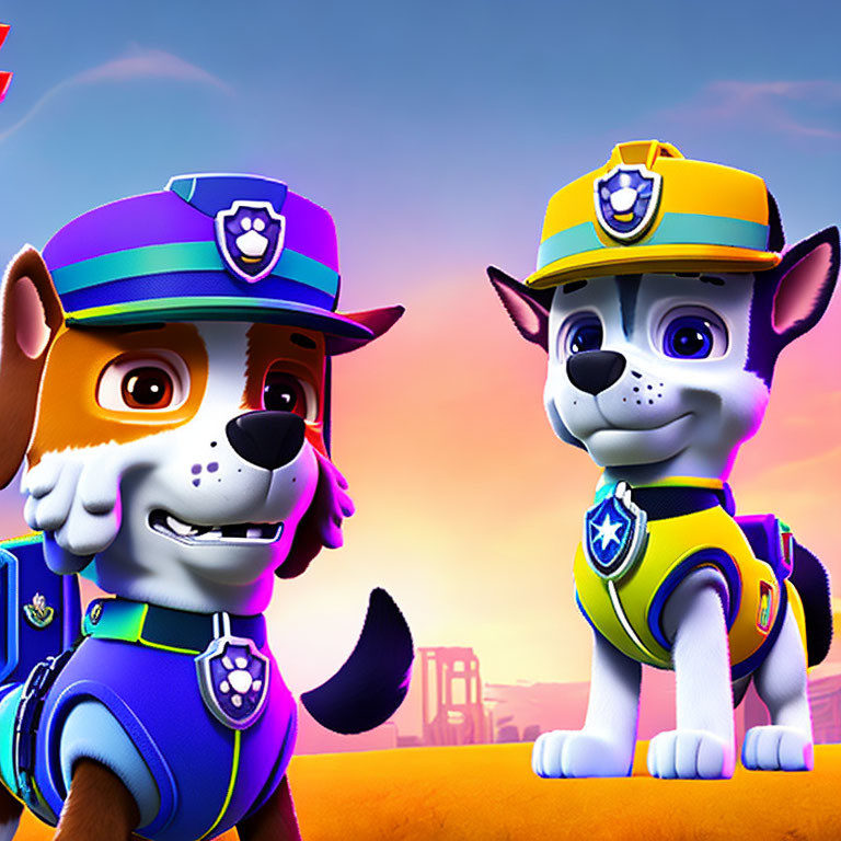 Two animated police puppies in brown and grey uniforms against a sunrise backdrop