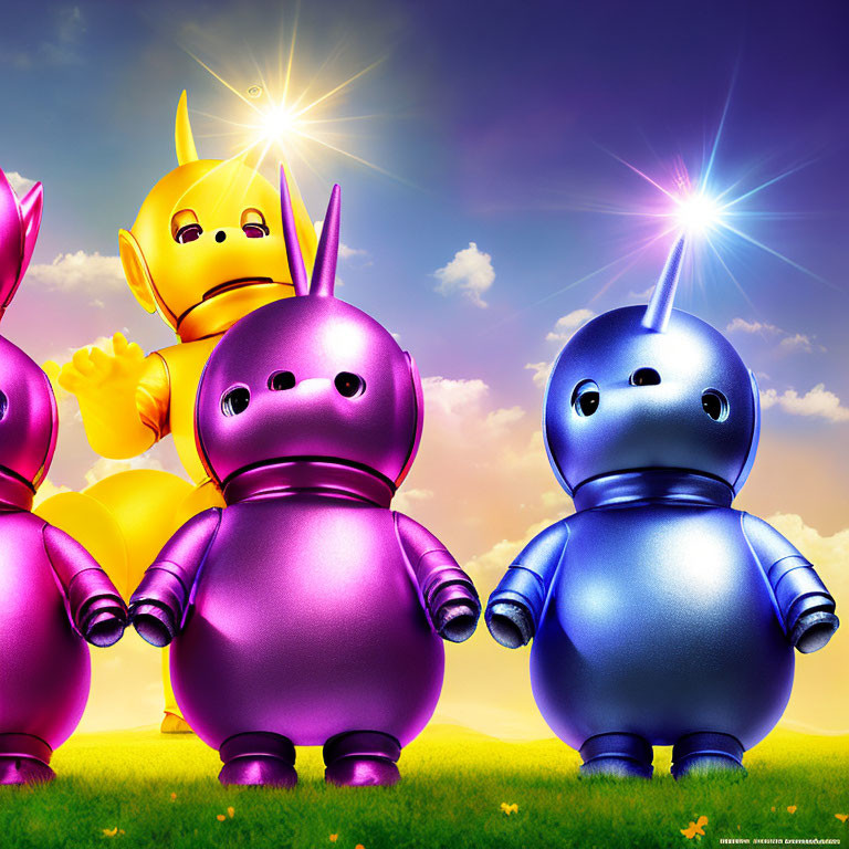 Colorful Cartoon Robots with Rabbit-Like Ears in Sunny Landscape