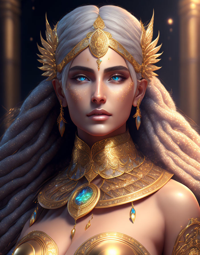 Fantasy female character with white hair, blue eyes, golden jewelry, crown, and necklace on dark