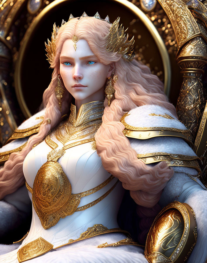 Regal fantasy character in ornate gold and white armor with white hair and blue eyes